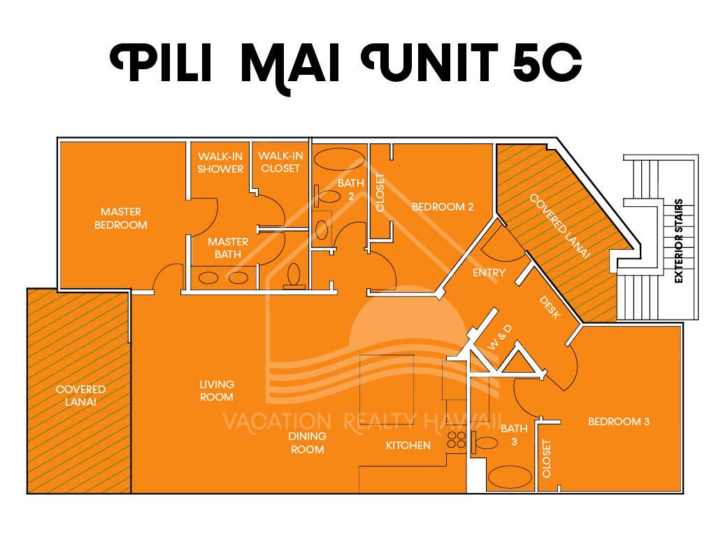 Plattegrond van een hotelkamer met een overdekte veranda, hoofdslaapkamer, badkamer, woonkamer, eetkamer, keuken en drie slaapkamers.