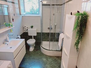 Un baño con ducha, inodoro, lavamanos y espejo.