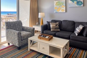 TV, DVD player, video library, stereo