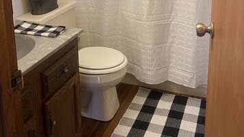 Une salle de bain avec des toilettes, un lavabo, un rideau de douche et un tapis de sol à carreaux.