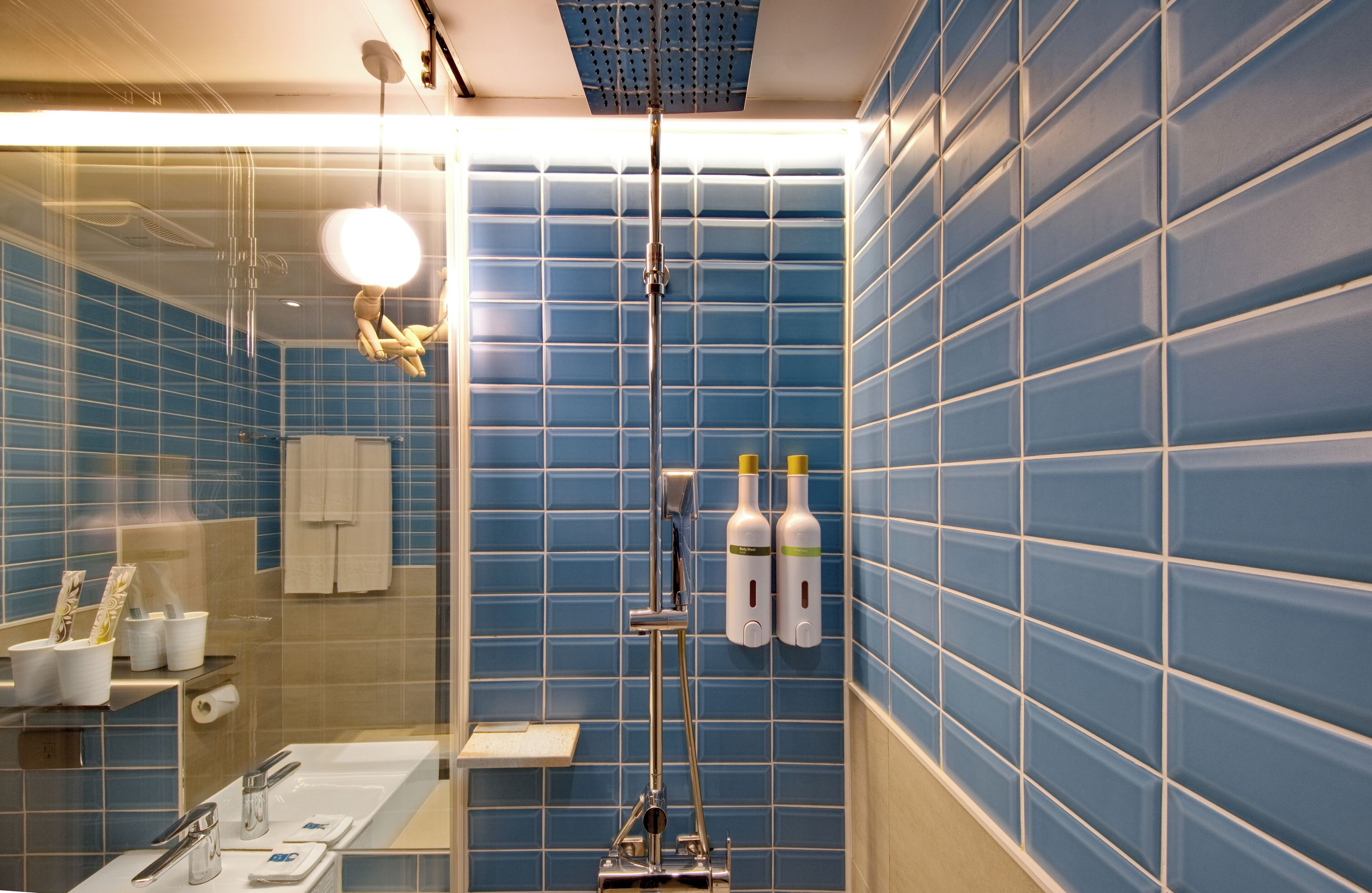standard double room | bathroom | shower, hair dryer, towels, shampoo
