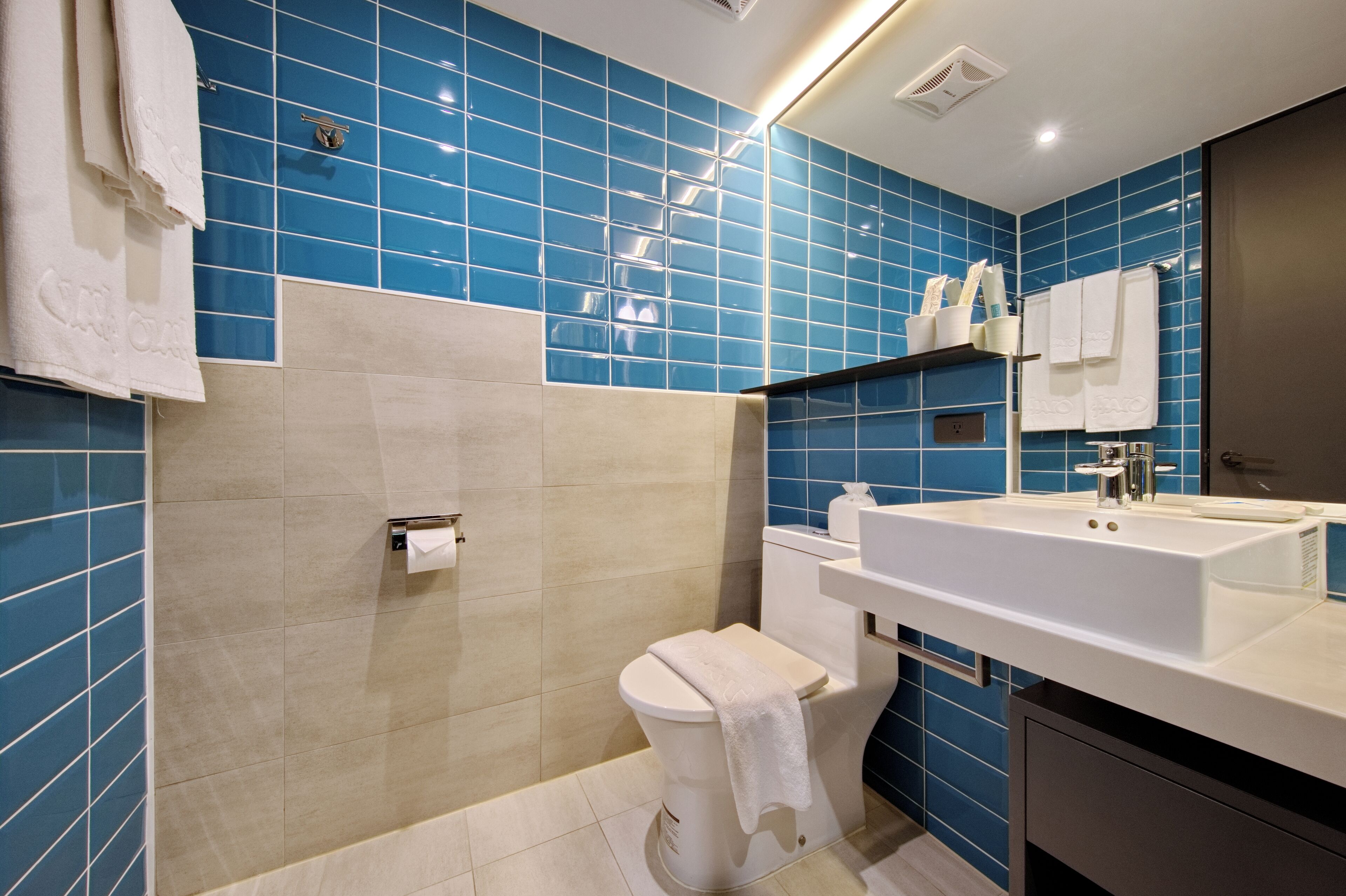 twin room | bathroom | shower, hair dryer, towels, shampoo