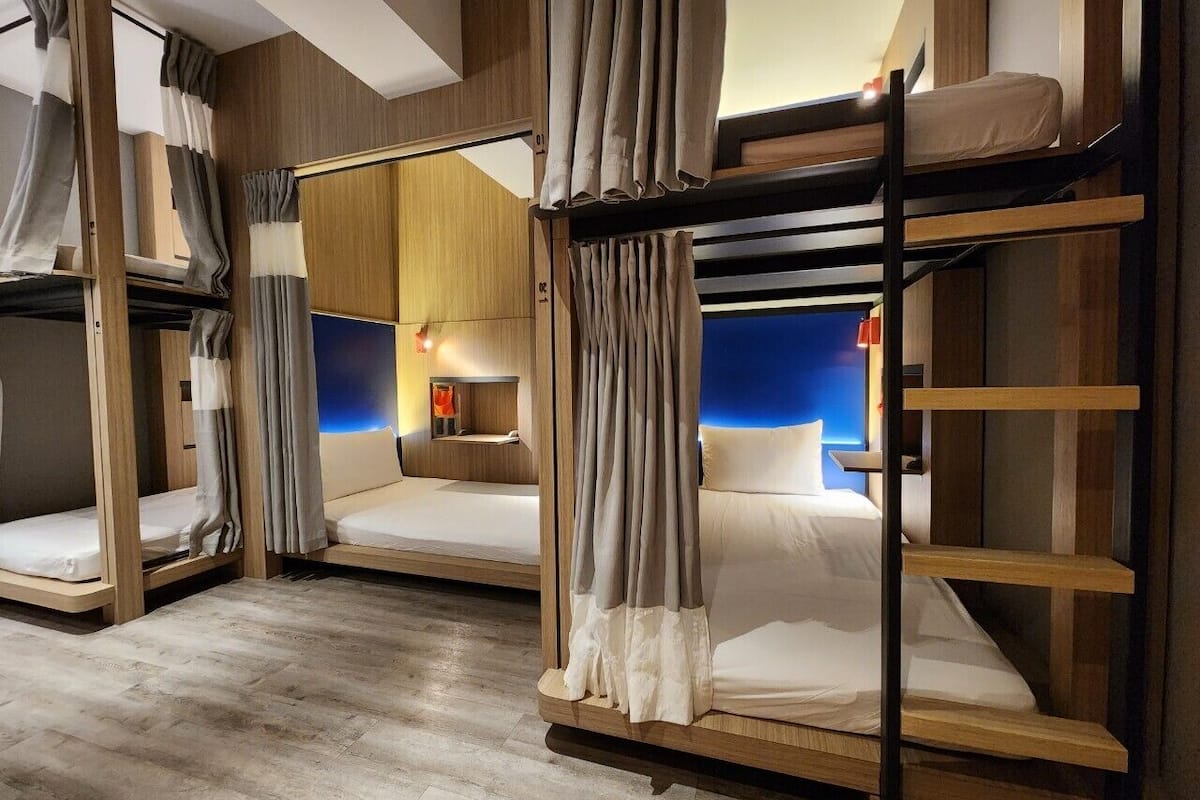 mixed dormitory room for 5 pax - bunk beds | premium bedding, down duvets, soundproofing, iron/ironing board