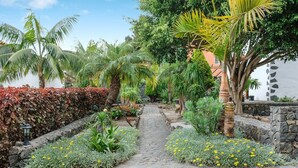 Un chemin de pierres bordé de différentes plantes et d’une haie.