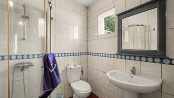 A bathroom with a shower, toilet, sink, and a mirror.