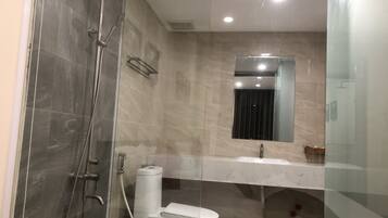 Hair dryer, towels, soap, shampoo
