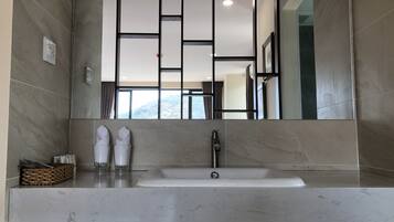 Hair dryer, towels, soap, shampoo