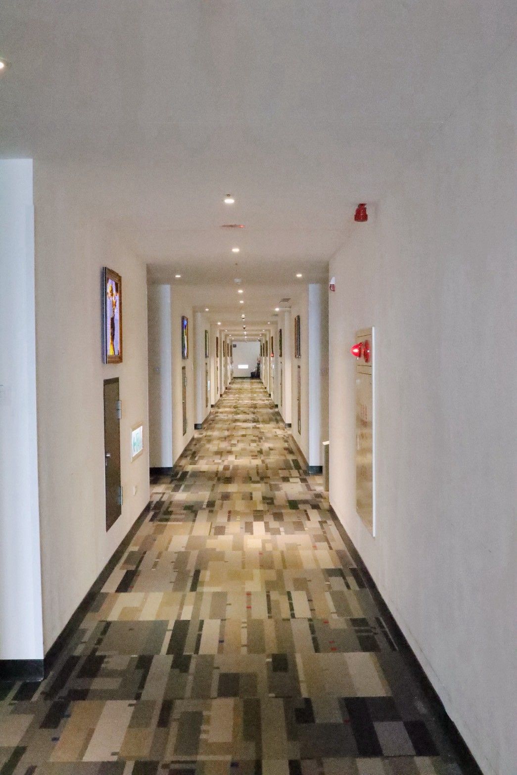 Un pasillo de hotel con alfombra estampada, puertas a ambos lados y un extintor en la pared derecha.