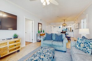 Flat-screen TV, DVD player, video library