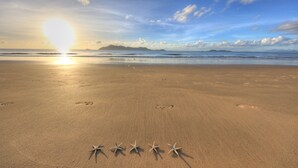 Una playa con huellas y estrellas de mar en la arena, un atardecer al fondo y un cielo despejado.