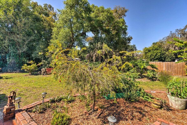 Stroll through the beautifully maintained garden, surrounded by lush plants and a majestic palm tree.