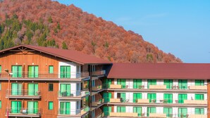 Un hotel de varios pisos con balcones, cortinas verdes y vistas a una montaña boscosa.