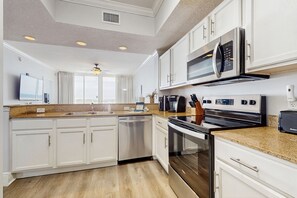 Fridge, microwave, oven, stovetop - Picturesque Gulf-Front Condo Steps To Beach Gulfside Pool & Exercise Room (Fort Walton Beach)