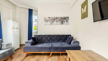 A modern living room with a grey sofa, a wooden coffee table, and a flat-screen TV mounted on the wall.