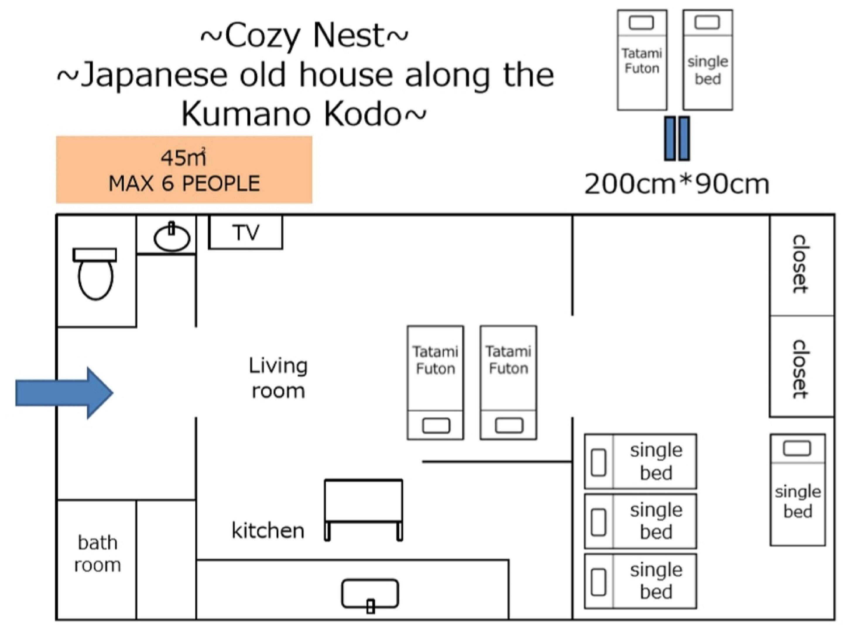 A 45m² Japanese-style house layout with a living room, kitchen, bathroom, and two tatami futons.