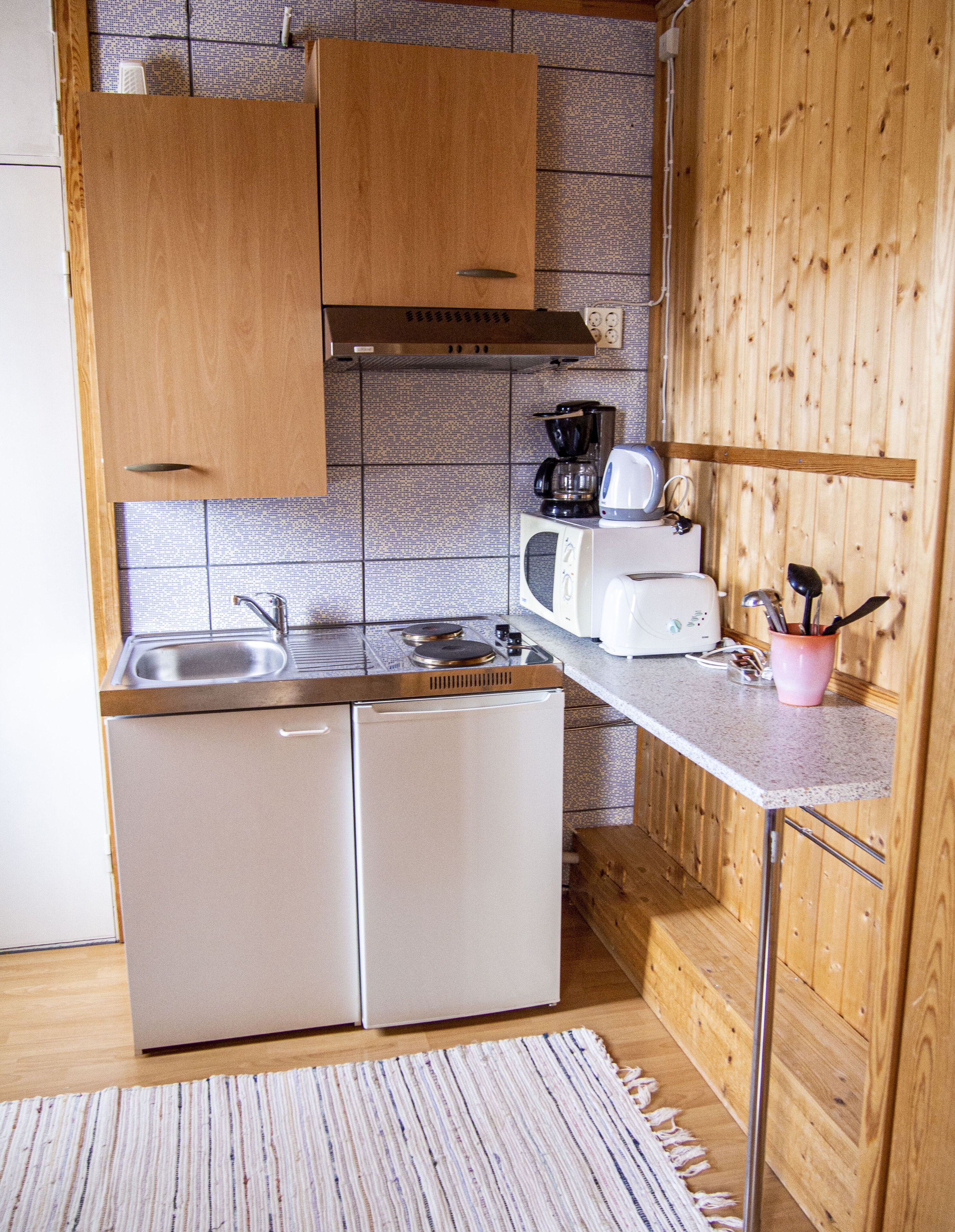 Wolf Apartment | Cocina privada | Refrigerador y microondas 
