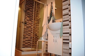 Shower, hair dryer, towels, toilet paper