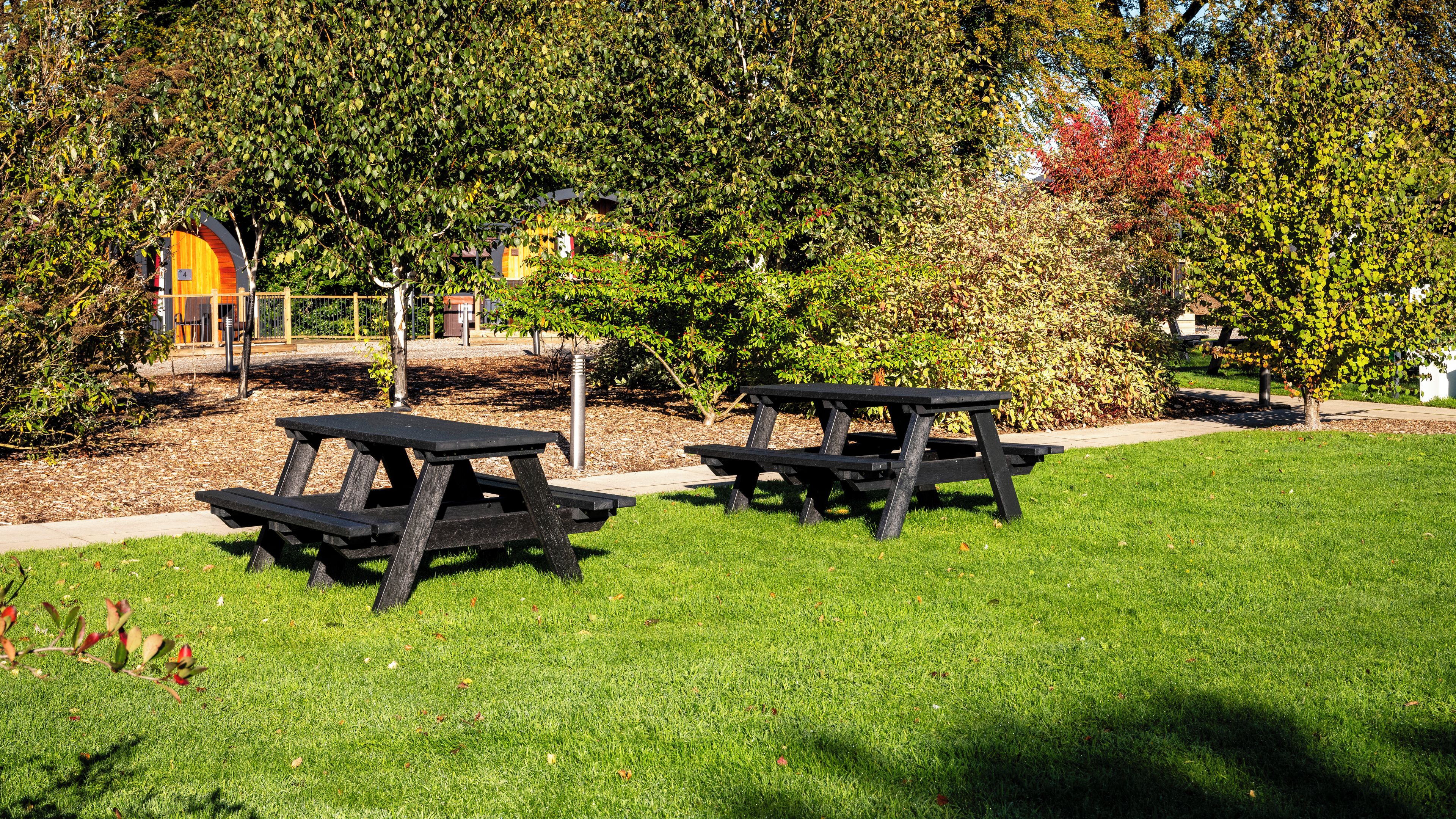 Ein Park mit Picknicktischen und einem Spielplatz.