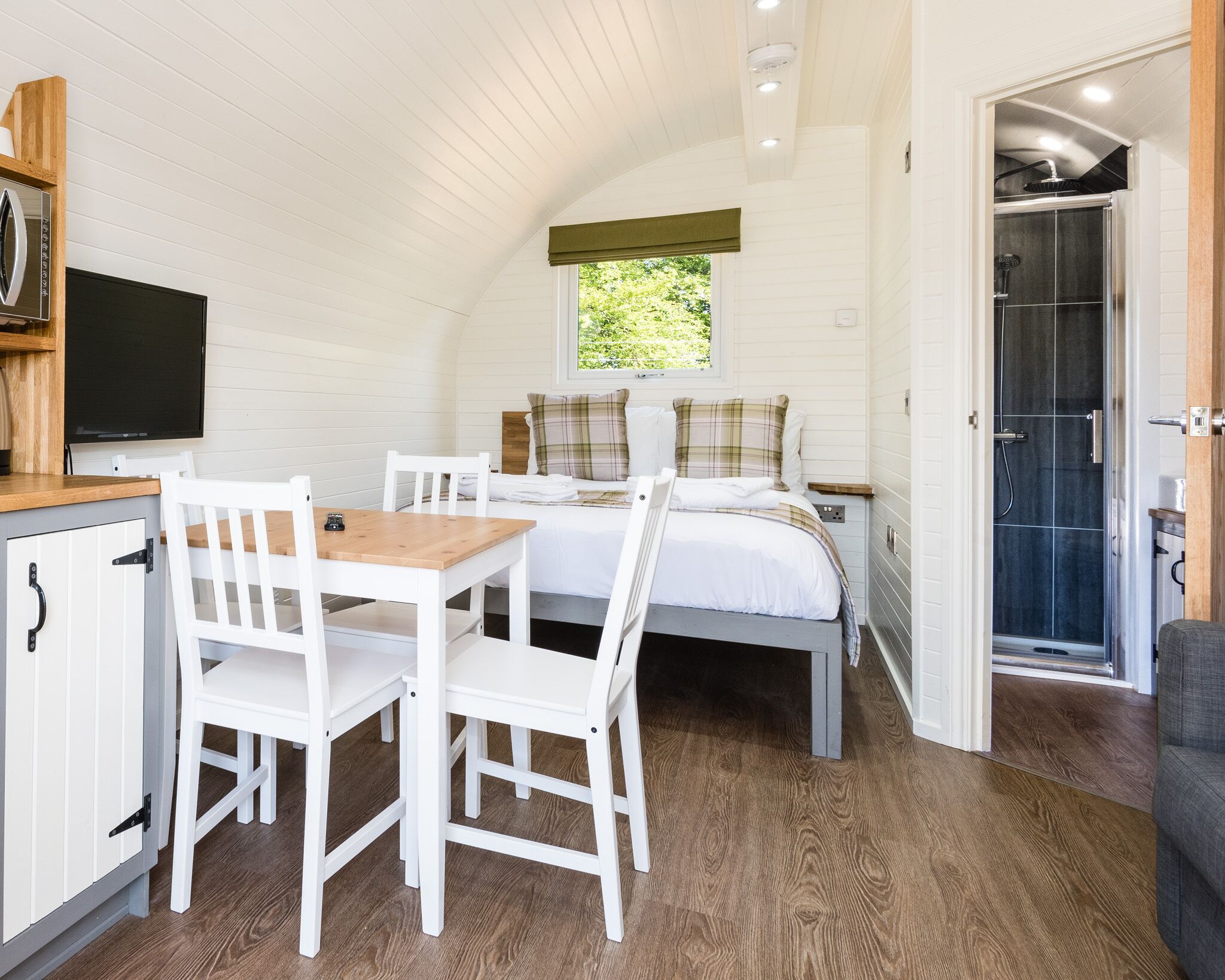 A compact, well-lit room with a bed, a dining table with chairs, a TV, and a shower area.