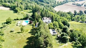 Ovenudblik over en ejendom med et stort hus omgivet af frodig vegetation, en swimmingpool og en vingård.