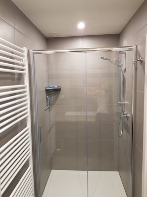 Combined shower/bathtub, hair dryer, towels