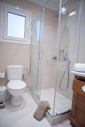 Combined shower/bathtub, hair dryer, towels