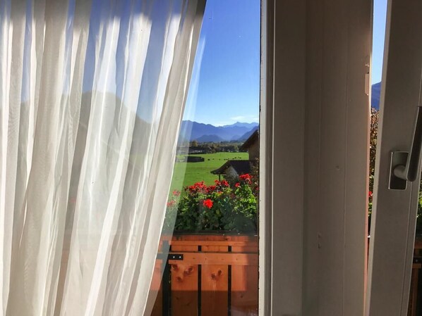 A view through a window with sheer curtains, revealing a wooden deck with red flowers and a green landscape with mountains in the background. - Hotel Kienberger Hof (Pfronten)
