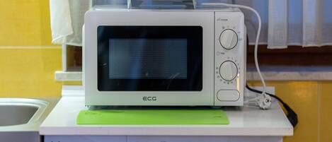 A white ECG microwave oven on a green tray, with a power cord plugged in.