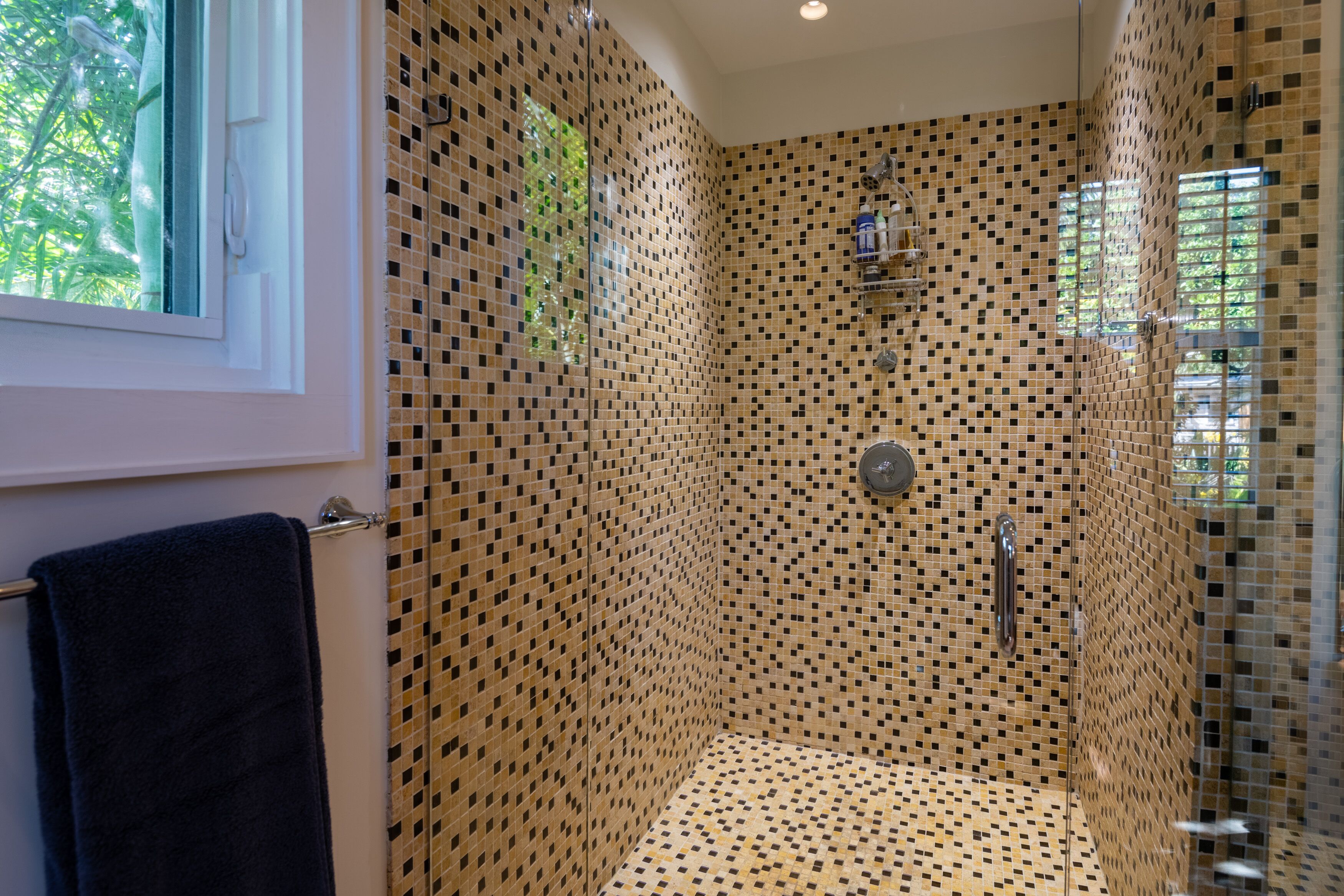 Une douche dont les murs sont recouverts de mosaïques et qui possède une fenêtre.