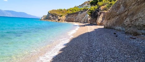 On the beach, sun loungers, beach towels
