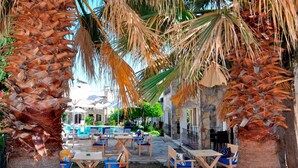 An outdoor seating area with wooden tables and chairs, surrounded by palm trees and a stone building. - The Mara Suite (Bodrum)