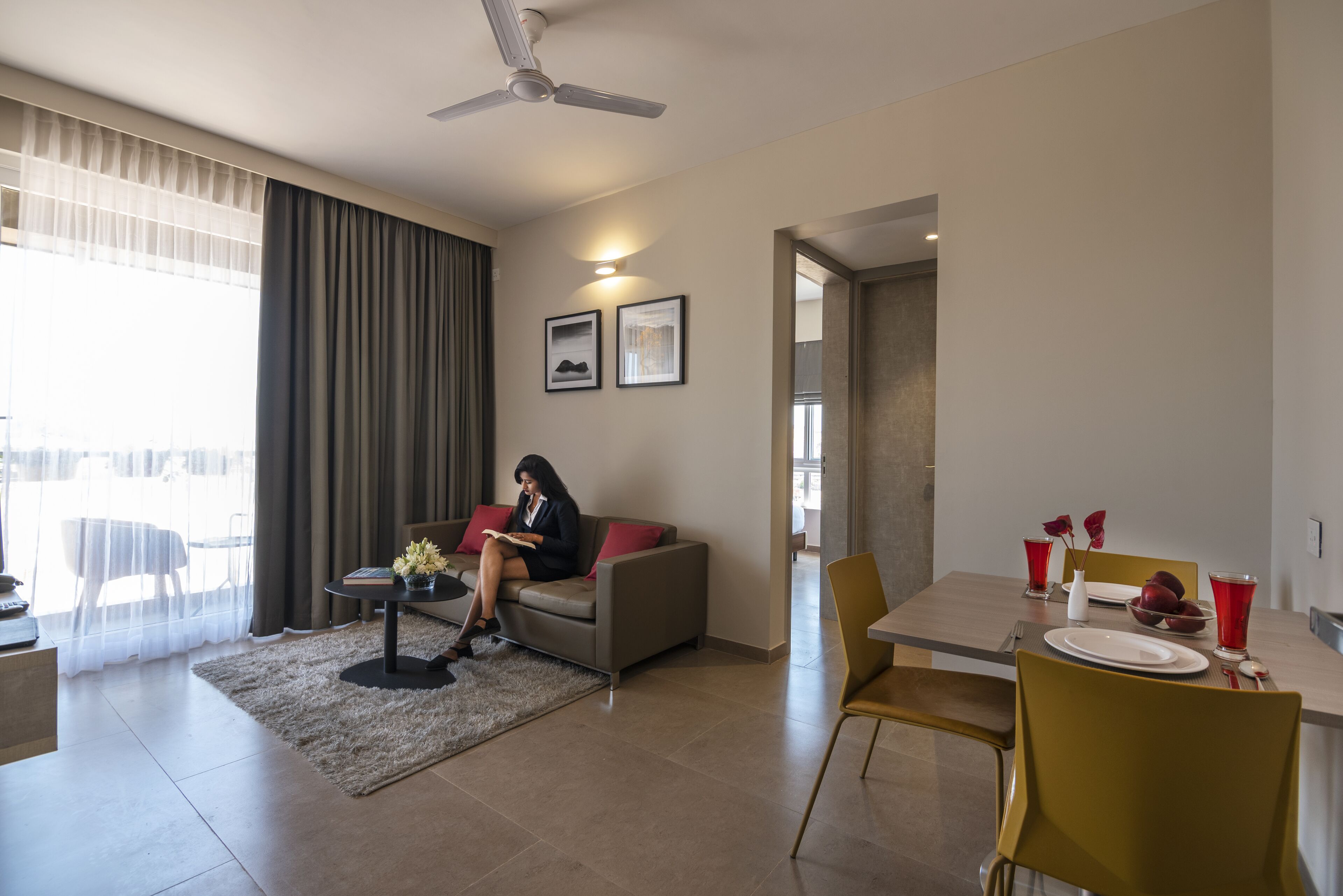 avora 02 bed room studio | living area | 43-inch led tv with digital channels, tv, fireplace