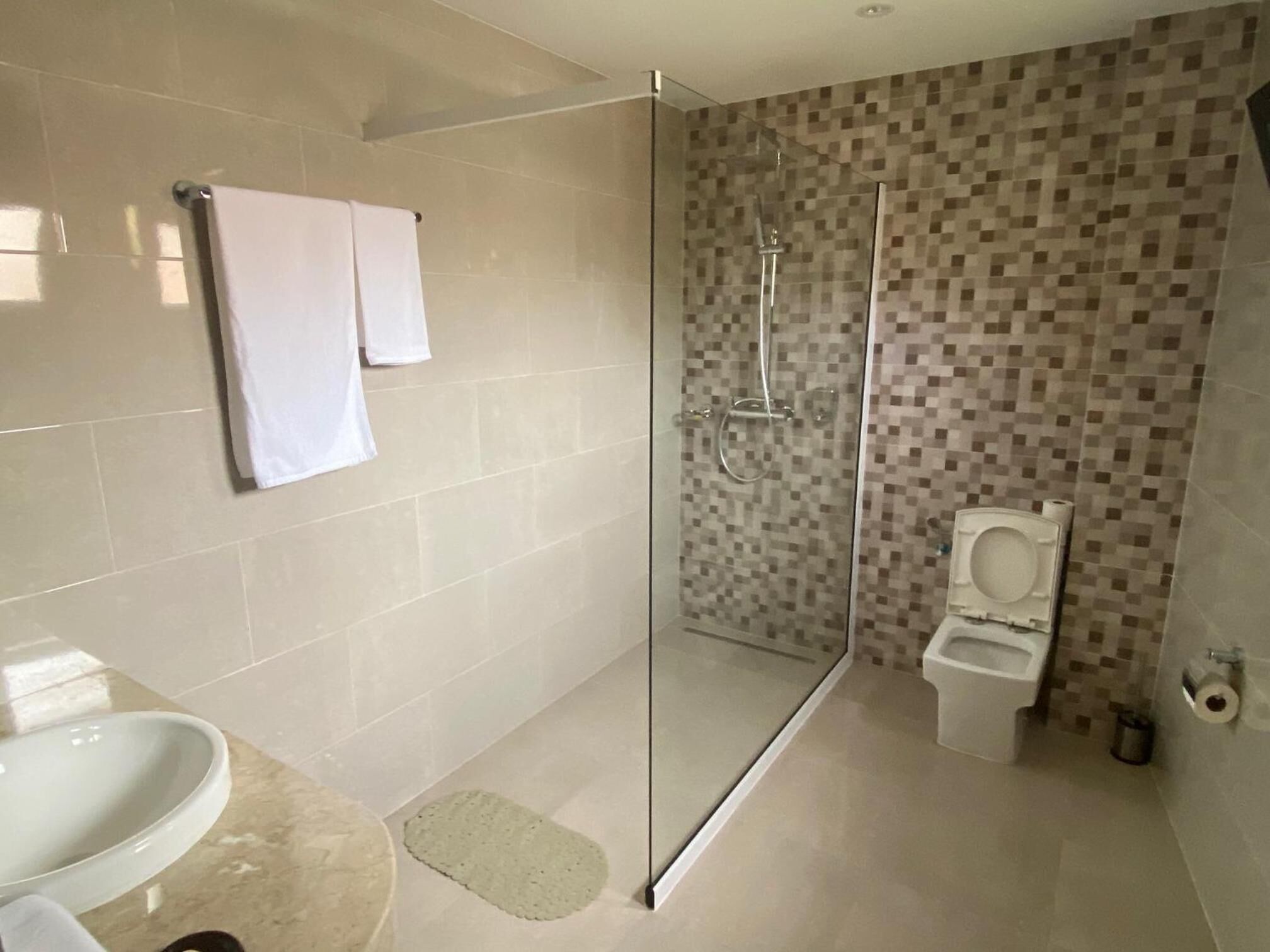 A modern bathroom with a glass-enclosed shower, a toilet, and a sink.