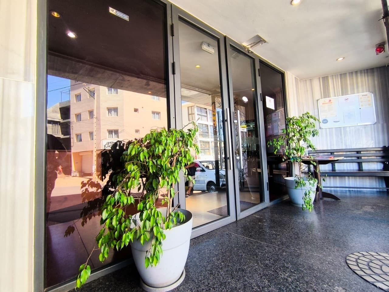 L’entrée d’un hôtel, avec de grandes portes vitrées, des plantes en pot et un espace de stationnement bien visible.