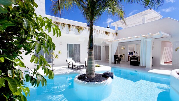 A pool area with a palm tree, lounge chairs, and a white building with a covered patio.
