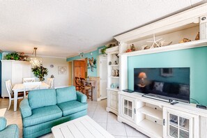 TV, DVD player, video library, stereo