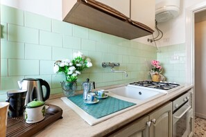 Een koelkast, een oven, een kookplaat, een waterkoker