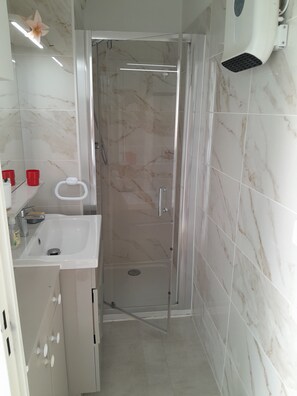Shower, hair dryer, toilet paper