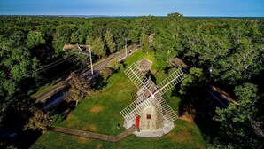 Un moulin à vent entouré d’une zone herbeuse, avec une route et des arbres en arrière-plan.