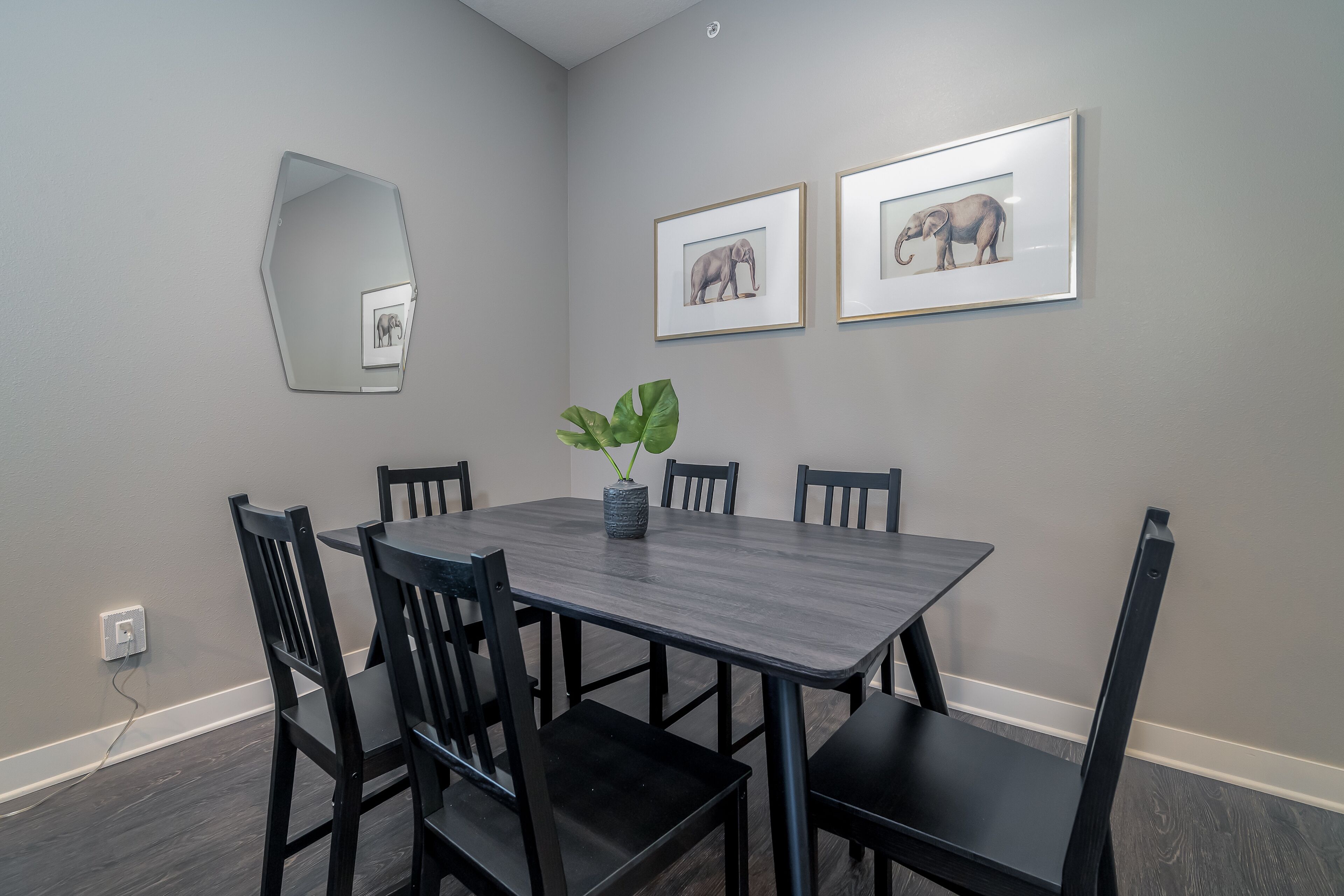 A dining area with a rectangular table, six chairs, a potted plant, and two framed elephant pictures on the wall.
