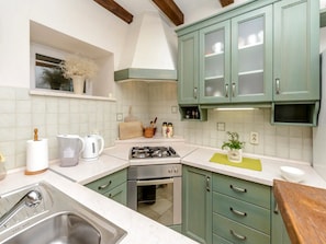 Compact kitchen with a stainless steel sink, gas stove, and oven, featuring a window above the sink and a decorative plant.
