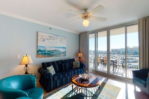 TV, DVD player, video library, stereo