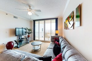 Flat-screen TV, DVD player, video library