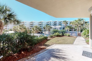 Guests can enjoy stunning views from the resort's spacious balconies overlooking the beautifully maintained garden.