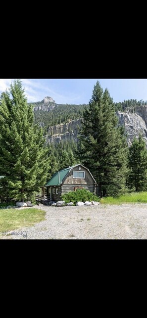 A rustic cabin with a green roof, surrounded by tall pine trees and a rocky mountain backdrop. - Storm Castle Highlands river cabin (Gallatin Gateway)
