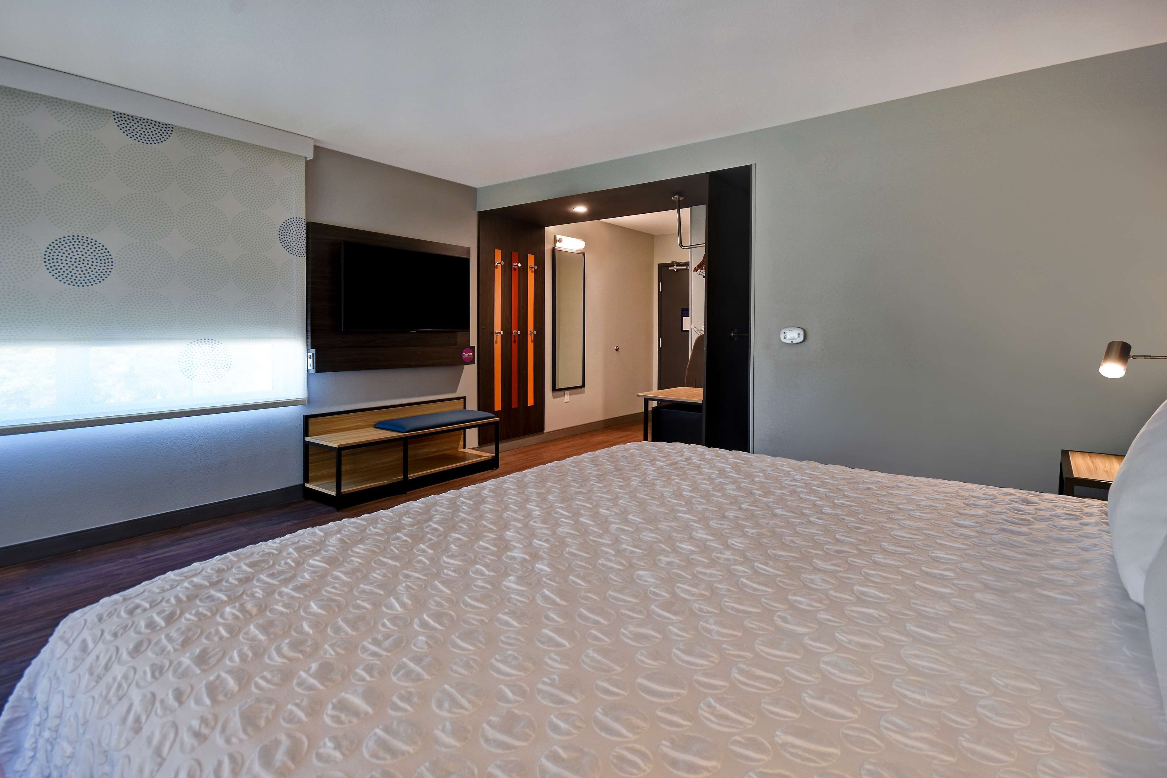 Una habitación de hotel moderna con una cama grande, un televisor montado en la pared, un banco y un espejo.