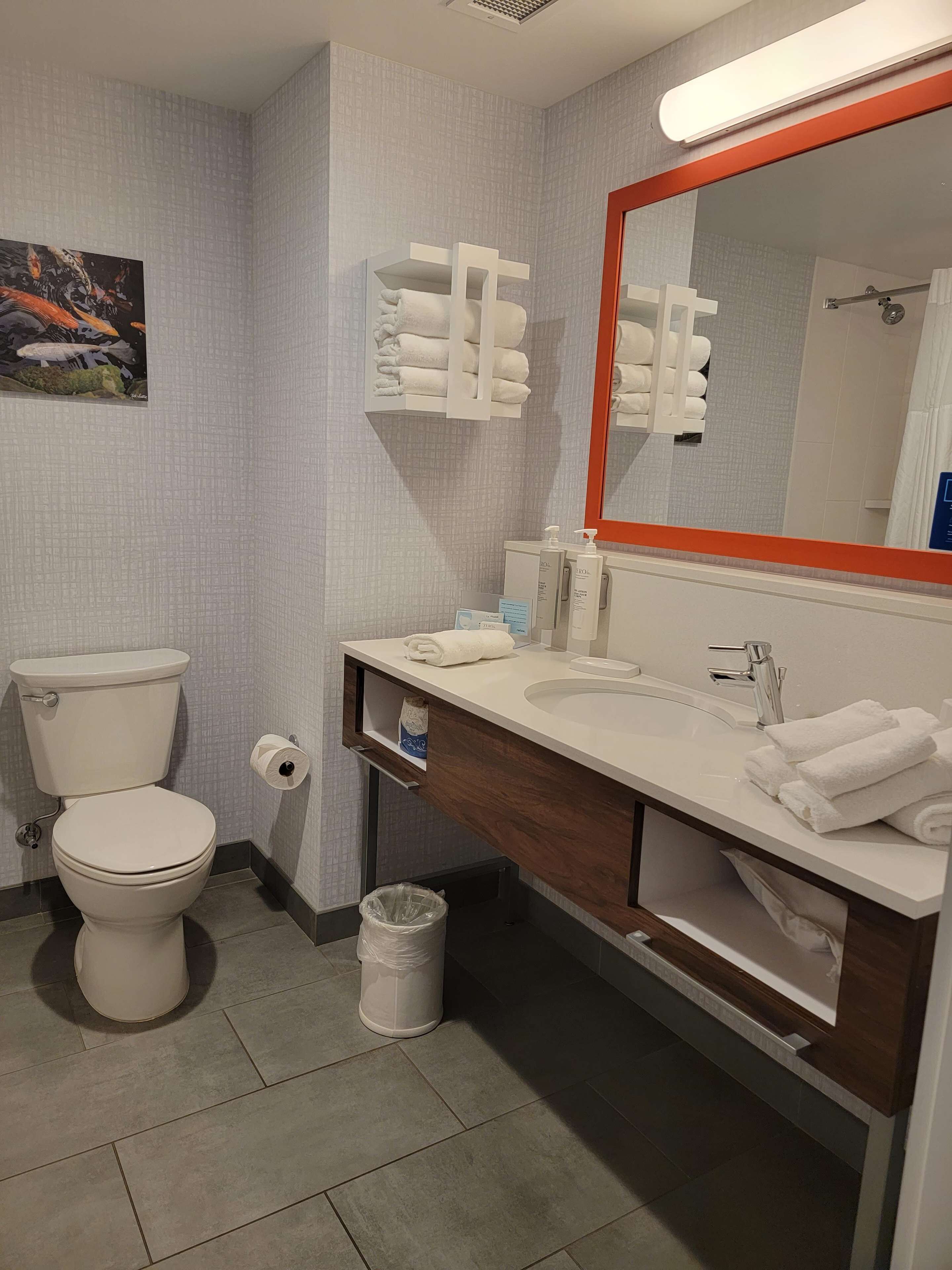 Une salle de bain moderne équipée de toilettes, d’un lavabo et d’un miroir.