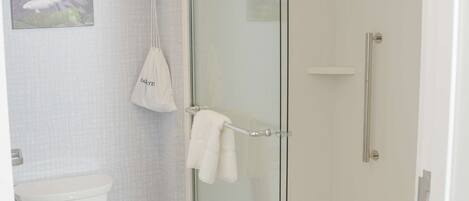 A bathroom with a toilet, a glass shower enclosure, and a towel rack.