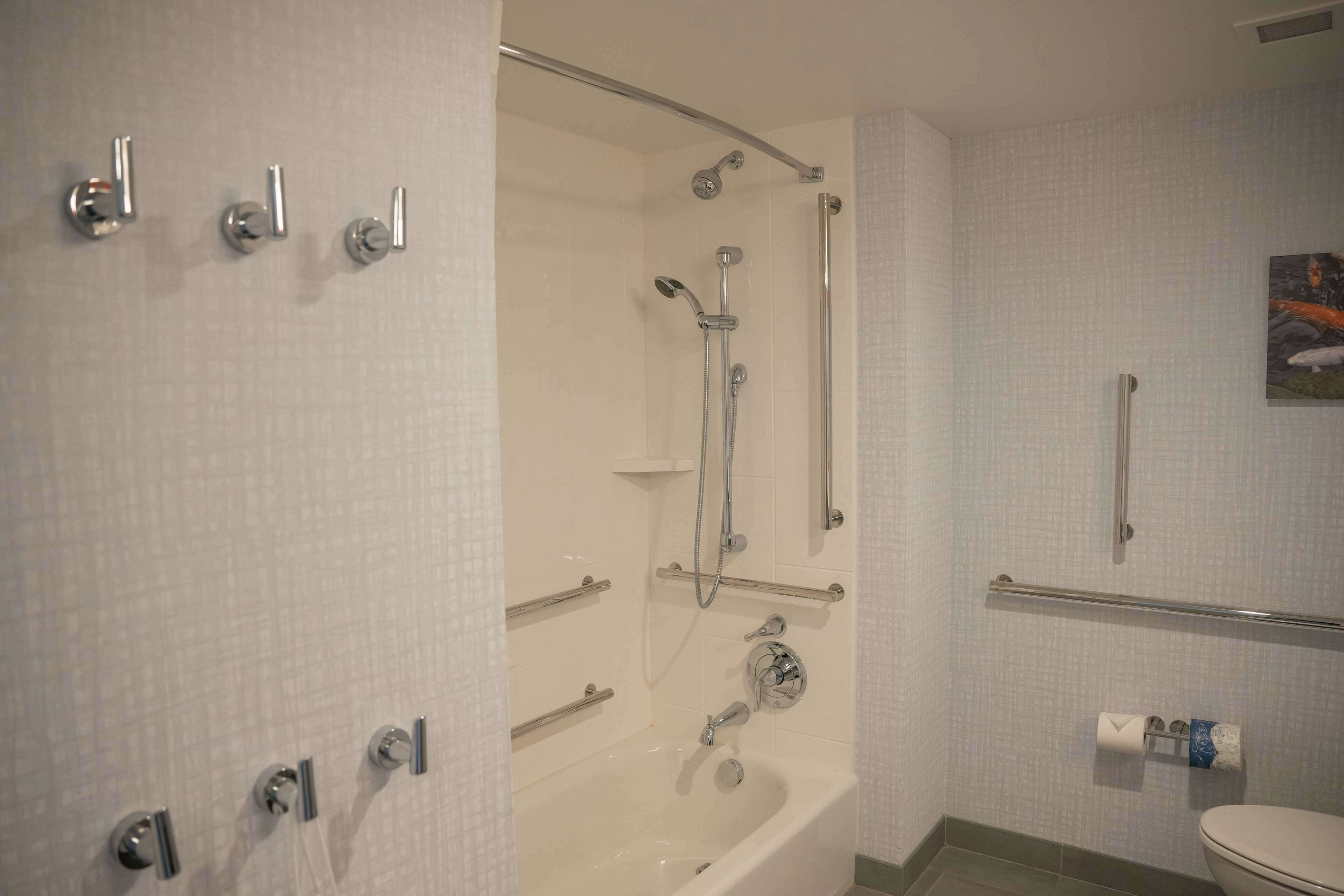 A bathroom with a bathtub, a toilet, and a shower with grab bars.