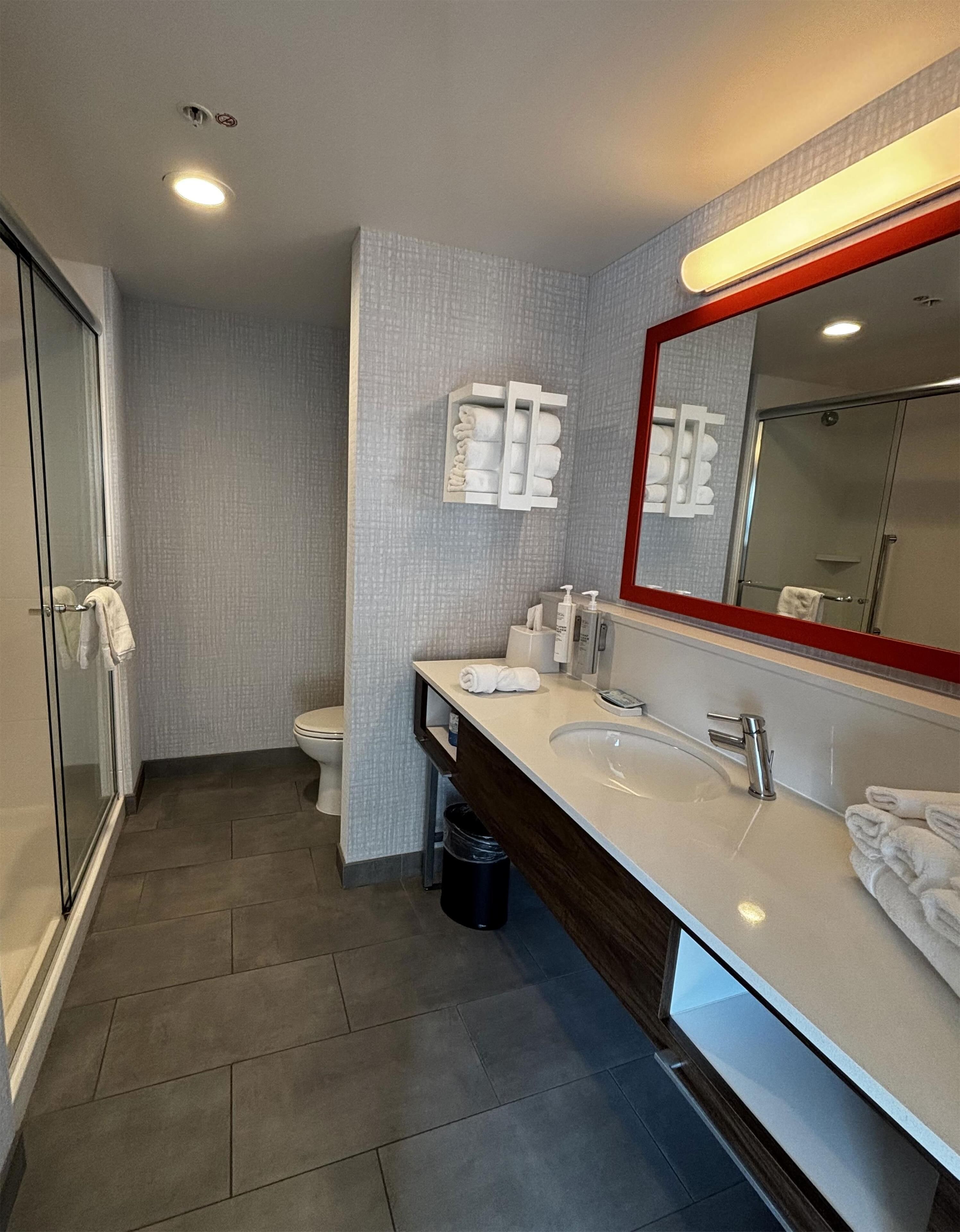 A modern bathroom with a glass shower enclosure, a large mirror, and a vanity with a sink and towel rack.